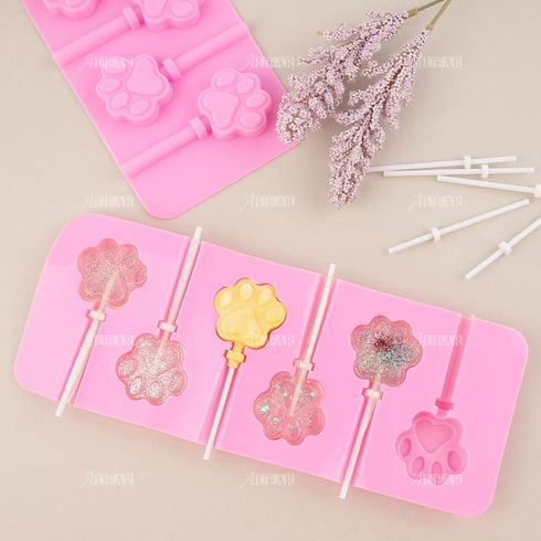 AUEAR 2 Pack Paw Silicone Lollipops Mold with Sticks, 6-Capacity Chocolate Hard Candy Ice Cream Making Decoration
