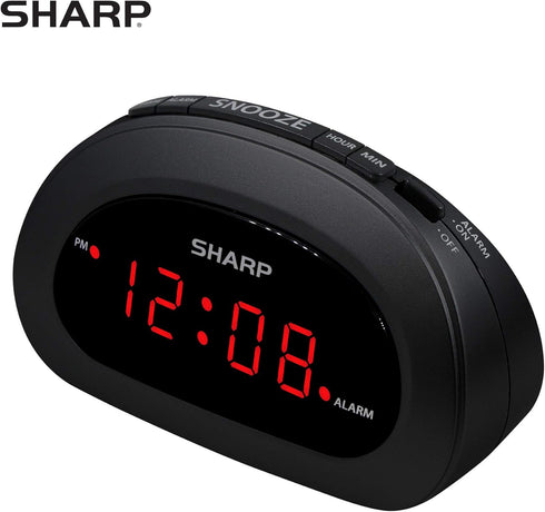 Sharp Small Digital Alarm Clock, Space-Saving Bedside Clock with Large Red LED Display, Battery Backup