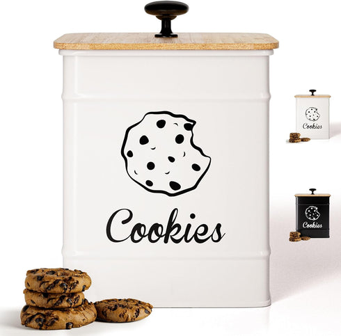 Large Cookie Jar with Airtight Bamboo Lid: 6"W x 6"D x 8"H White Iron Cookie Tin, Farmhouse Decorative Kitchen Counter