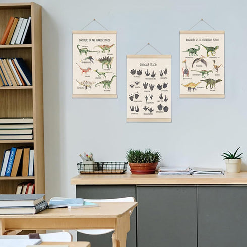 Set 3 16x12 Inch, of Dinosaur Posters Hanger Frame, Educational Artwork for Toddlers, Dinosaur Canvas Wall Art Kids