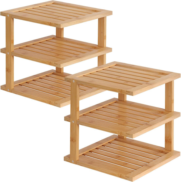2 Pack Bamboo Corner Shelf,3 Tier Kitchen Cabinet Organizer for Plates and
