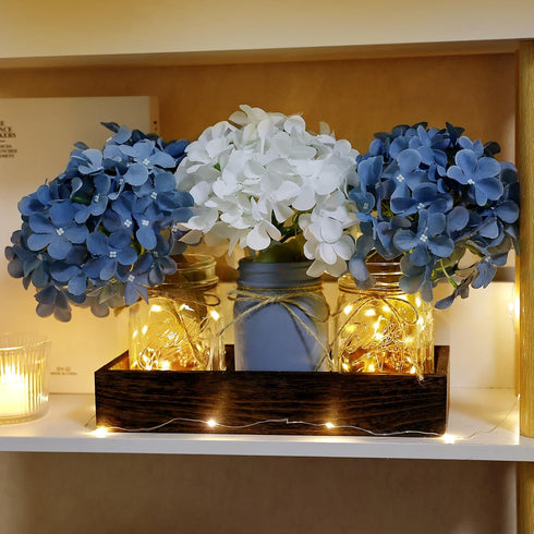Mason Jar Centerpiece Table Decor for Dining Room Farmhouse Coffee Table Decor with Wood Tray Fairy Lights Fake Flowers