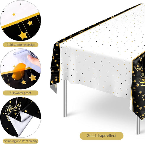 Ruisita 2 Pack Black Gold Table Cloth Cover, Happy Birthday Tablecloths for Indoor or Outdoor Parties