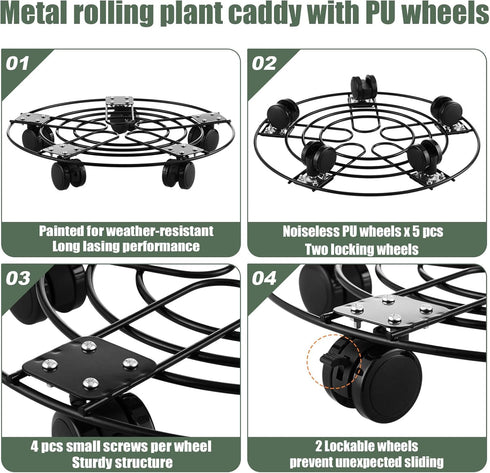 3 Packs 13.5" 5 Metal Plant Caddy with Wheels Large Wrought Iron Metal Rolling Plant Stands Heavy-duty Plant Roller Pot