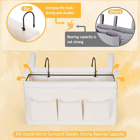 Bedside Caddy Organizer with Fixed Straps and Water Bottle Holder, 2pcs White for Home, College Dorm, Bunk Bed