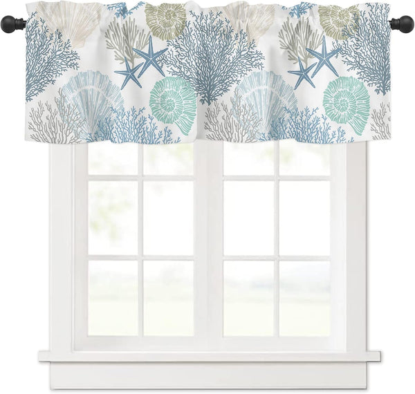 Blue Farmhouse Short Window Curtain Valances, Summer Beach Coral Starfish Valances, Nautical Coastal Rod Pocket