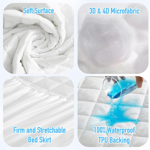 HYLEORY King Size Waterproof Mattress Pad Protector, Breathable Quilted Noiseless Fitted Sheet Up to 21", White