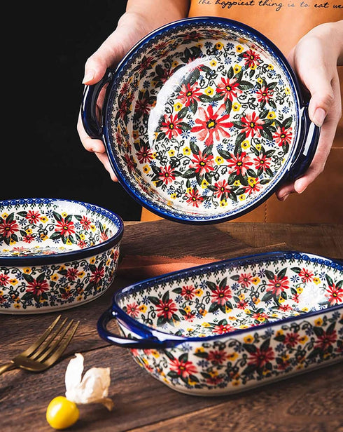 Vintage Style Red Daisy Flower Ceramic Bakeware Casserole Dish, 32 OZ, 1 PCS, Baking Pan with Handles for Oven