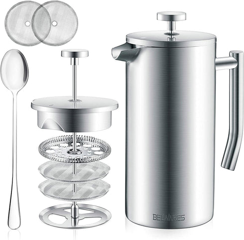 Belwares 34 oz French Press Coffee Maker, Double Insulated Stainless Steel with 2 Extra Screens and Coffee Spoon