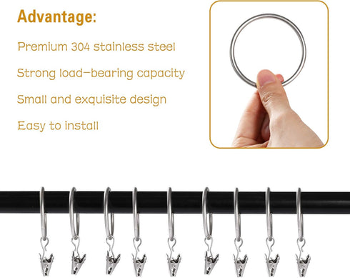Lansian 20pcs Rustproof Matte Stainless Steel Curtain Rings with Clips, 1.5 Inch Drapery Hangers for Window