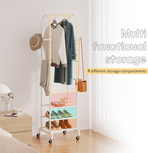 Furshus 4 Garment Rack with Wheels,Small Metal Coat Rack With Hooks,Freestanding Heavy Duty Clothing Rack with Shoe
