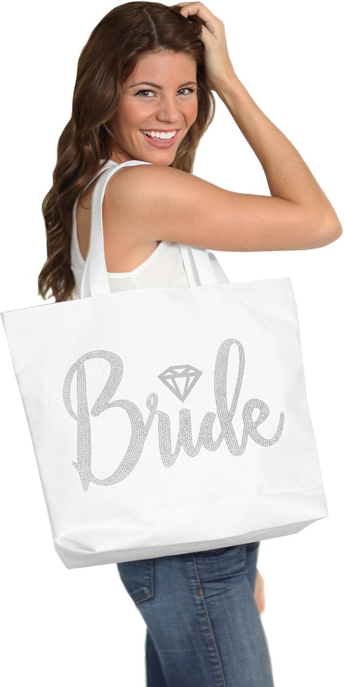 Giant 18" x 14" Canvas Bride Tote Bag - Diamond Motif Rhinestone Totes - Wedding Accessories & Bridal Shower Gifts