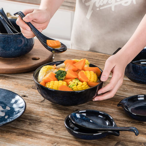 Vicrays Set of 6 Ceramic Soup Spoons, 6.4 Inch Asian Porcelain Ladle Utensils for Ramen, Dumplings, Pho, Miso (Blue)