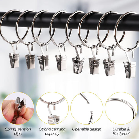 36 Pack Heavy Duty Nickel Plated Metal Curtain Rings with Clips for Curtains and Rods (Silver)