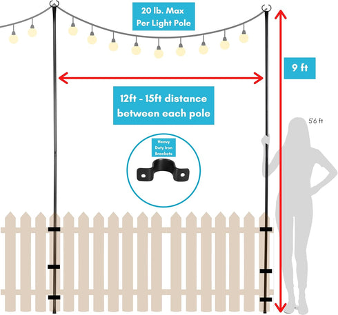 BIRDROCK HOME 9ft Pack 2 String Light Poles - Weather Resistant Metal Posts for Hanging String Lights Fence Posts