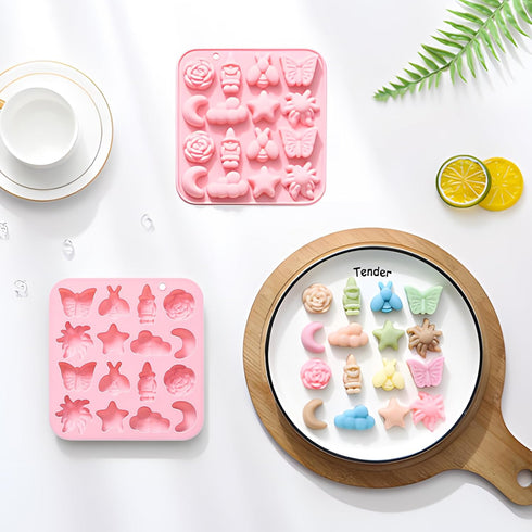 Pastoral Style Silicone Chocolate Mold, 16 Cavity Butterfly Bee Flower Moon Star Cloud for Candy, Jelly, Cake Decoration