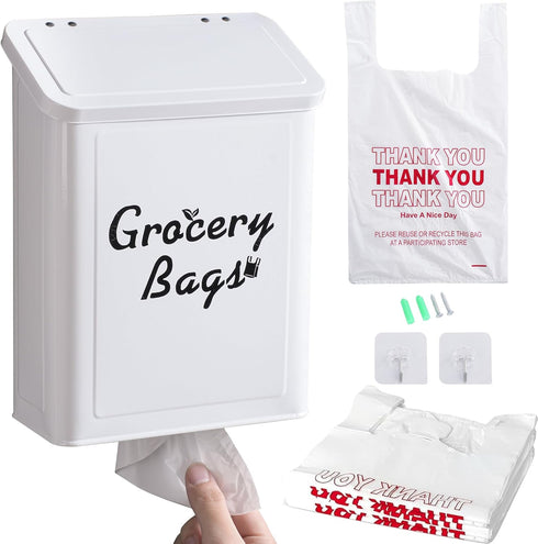 Metal White Magnetic Grocery Bags Holder, Farmhouse Wall Mount Plastic Bag Holder