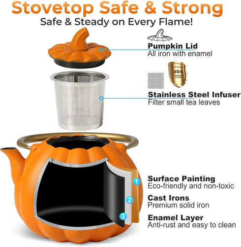 40oz Orange Pumpkin Cast Iron Teapot with Infuser - Japanese Iron Tea Kettle with Enamel Interior, Cute Halloween
