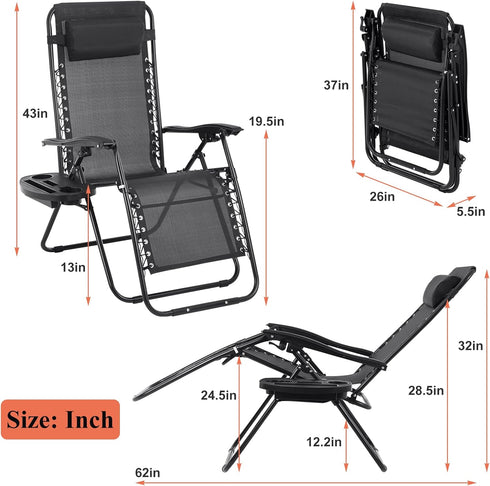 Zero Gravity Chair Folding Lounge Chair Lawn Chair Adjustable Camping Reclining Chair with Pillow and Cup Holder Trays
