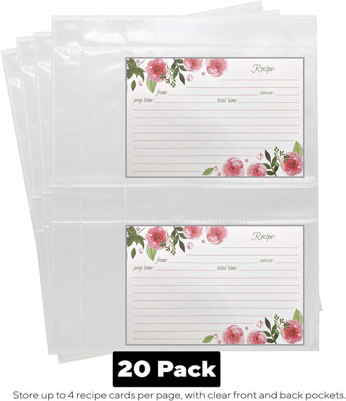 20 Pack Clear Recipe Card Page Protectors, 4" x 6", 2 Pockets Per Page, Holds 4 Cards, Perfect for Organizing Recipes