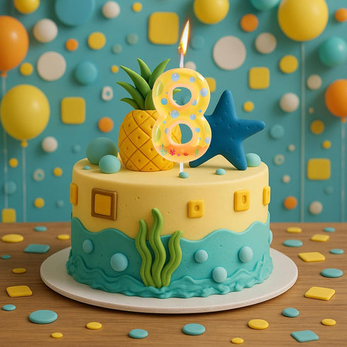 SAVITA (8) Sponge-Themed Number Birthday Candle, Cute Yellow Dot Print Cartoon Cake Topper Number Candle for Kids Party