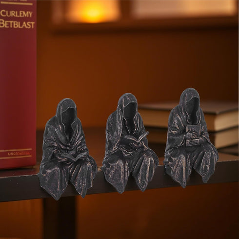 Set 3, Reading Statue Suriel Bookshelf Figure of Gothic Fantasy Black Robe Statue, Mystery Reading Figurines Sitting