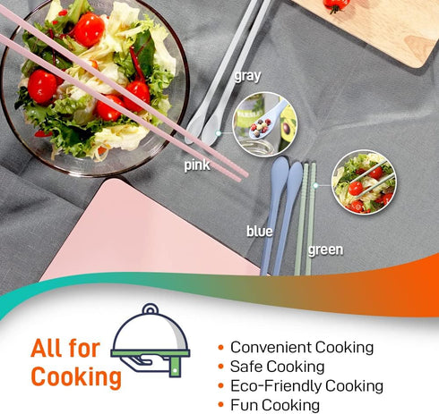 Reusable Long Silicone Cooking Chopsticks with Spoon, 12 Inches, BPA-free Non-Slip Kitchen Utensils (Pastel Green)