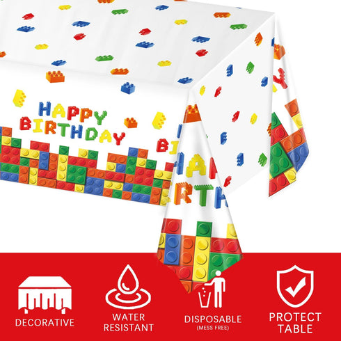 177 25 LINHAXM Pcs Building Block Birthday Party Supplies, Colorful Plates, Napkins, Cups, Tablecloth, Banner for Boys