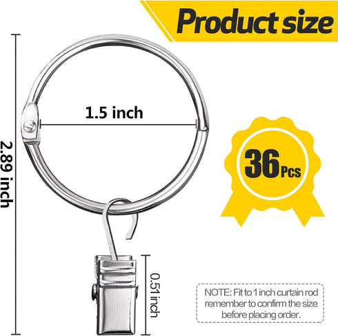 36 Pack Heavy Duty Nickel Plated Metal Curtain Rings with Clips for Curtains and Rods (Silver)