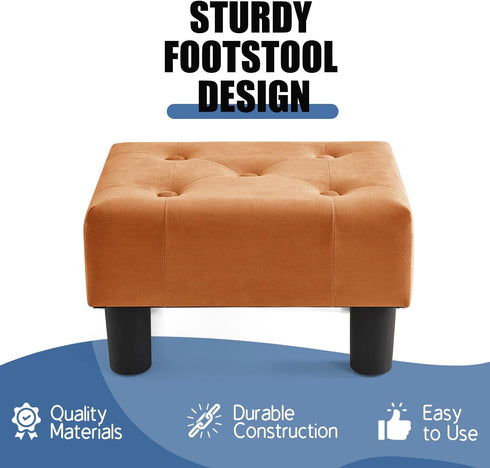 Stylish Orange Velvet Small Footstool with Sturdy Legs - Perfect for Living Rooms