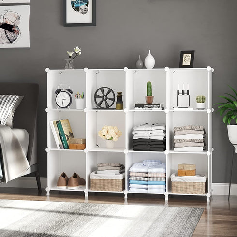 AWTATOS Cube Storage Organizer, 12 Cube Bookshelf DIY Plastic Closet Clothes Storage Shelves, Stackable White