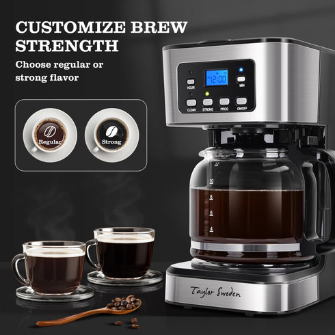 Taylor Swoden 12-Cup Programmable Coffee Maker, Regular & Strong Brew Drip Machine for Home & Office