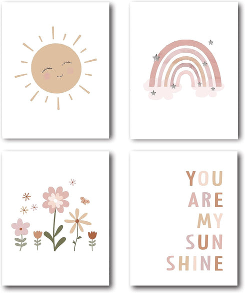 XWELLDAN Boho Rainbow Sun Cloud Flower You Are My Sunshine Nursery Poster Wall