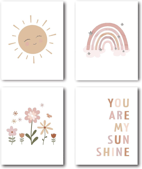XWELLDAN Boho Rainbow Sun Cloud Flower You Are My Sunshine Nursery Poster Wall