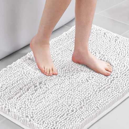 H.VERSAILTEX Pure White Bath Mat, Non Slip Chenille Rug 17" x 24" for Bathroom