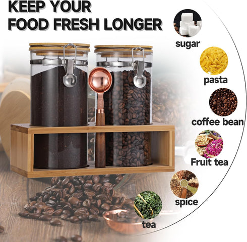 Glass Coffee Storage Container with Bamboo Shelf, 2PCS 49oz Airtight Sealed Jar with Clamp Lid & Spoon