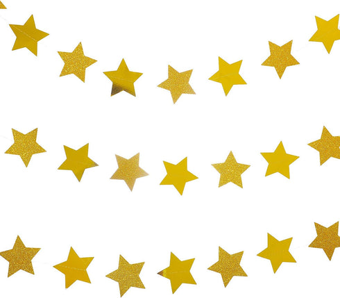 WEVEN Gold Glitter Star Garland Reflective Paper Party Streamers for Wedding, Baby Shower, Nursery Decoration