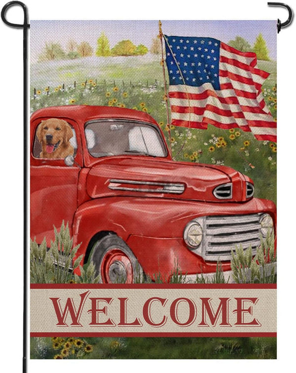 Welcome Summer American Red Truck Decorative Garden Flag, 4th of July, Patriotic Lawn Decor, 12x18
