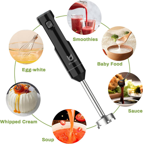 Cordless Hand Blender by UTALENT, Variable Speed Immersion Blender, Black with Fast Charger, Egg Whisk for Smoothies