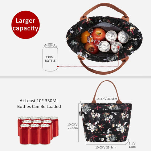 Gloppie Insulated Lunch Bag for Women, Leakproof Lunch Tote with White Flower Design