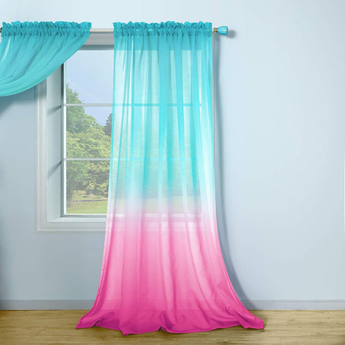 Pink and Green Mermaid Curtains Set of 1, Sheer Panel Gradient Ombre for Girls Room, 52 x 63 Inch