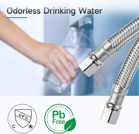 JUWO 18 FT Water Line for Refrigerator, 1/4 Inch Compression Stainless Steel Ice Maker Hose Connector for Medium