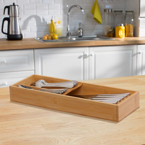 Bamboo Silverware Drawer Organizer, Kitchen Cutlery Tray, Utensil Holder for Spoons, Forks, Knives