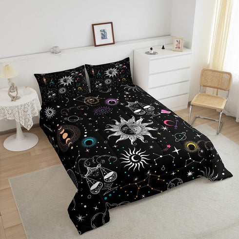 Set Sets Set Bohemian Sun Moon Comforter Queen Trippy Stars Style Bedding For Kids Teens Zodiac Libra Pattern Duvet