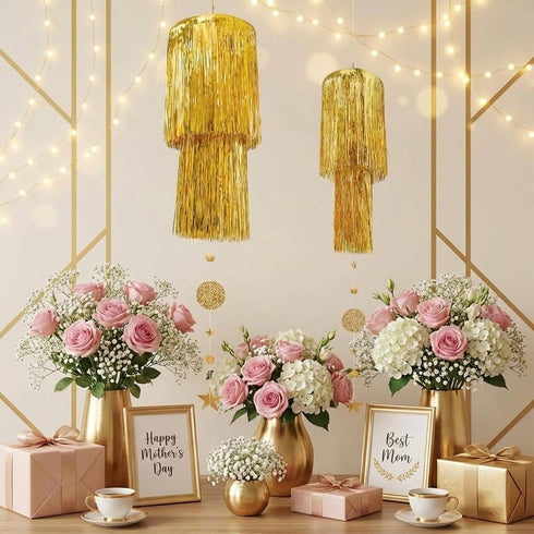 2 Cheerland Gold Tinsel Chandelier Mothers Day Party Decor Tier Haning Fringed Circle Star Garland for Graduation