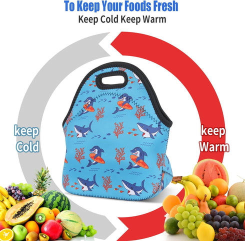 Violet Mist Shark Lunch Bag - Washable Neoprene Tote, Reusable Thermal Insulated Cooler, Lightweight for Men, Work,
