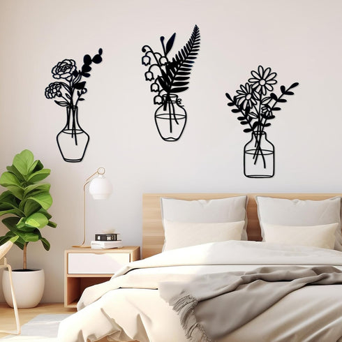 Zzbakress 3 Pcs Black Metal Flowers and Vases Wall Decoration - Minimalist Art Wall Sculpture for Living Room
