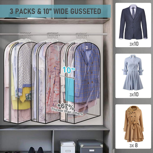 MISSLO 10" Gusseted All Clear Garment Bags , 40" Suit Bags for Closet Storage Hanging Clothes, Shirts, Coats, Dresses, 3 Packs by MISSLO