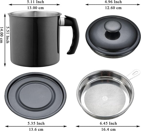 Berglander Black Bacon Grease Container With Strainer 47oz/1.4L, Stainless Steel Oil Storage Container with Fine Mesh Strainer Dust-proof for Storing Frying Oil and Cooking Fat, Cooker Accessories