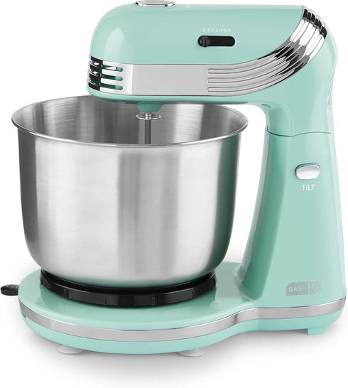Dash Stand Mixer, 6 Speed Electric Mixer with 3 Quart Stainless Steel Mixing Bowl, Dough Hooks, Aqua